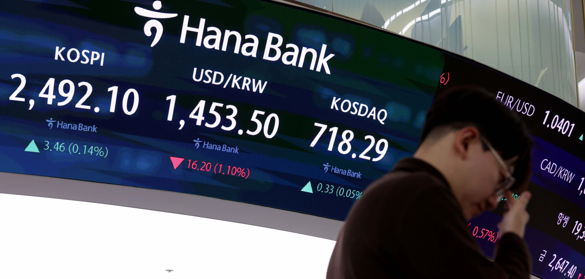 ▲코스피가 사흘째 올라 2490선에서 마감했다. 7일 서울 중구 하나은행 딜링룸에서 관계자들이 업무를 보고 있다. 이날 코스피 지수는 전거래일 대비 3.46포인트(0.14%) 오른 2492.10에 코스닥은 0.33포인트(0.05%) 오른 718.29에 장을 마쳤다. 서울 외환시장에서 원·달러 환율은 오후 3시30분 기준 전거래일 대비 16.2원 내린 1453.5원에 마감했다. 신태현 기자 holjjak@