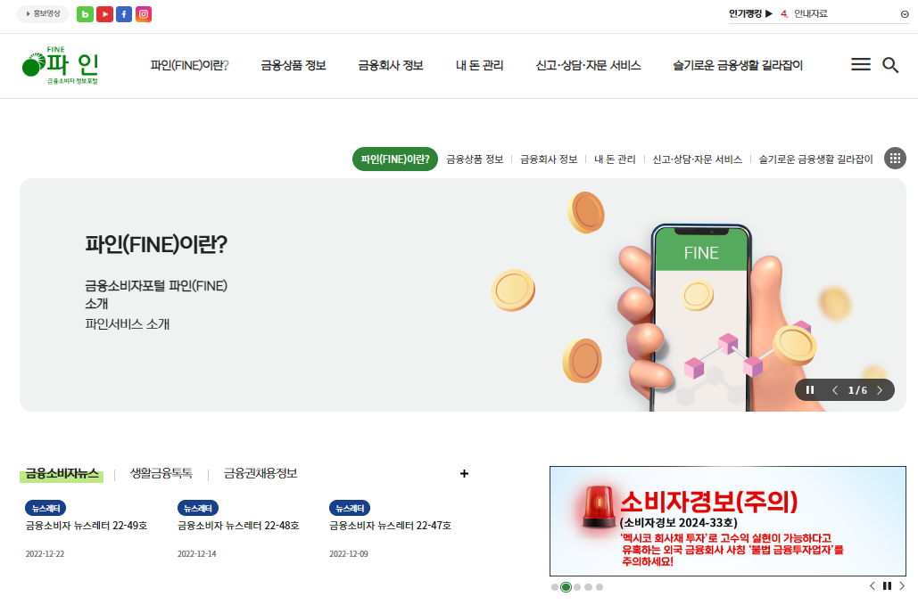 ▲개편된 금융소비자 정보포털(FINE·파인) 메인화면 (출처=금융감독원)