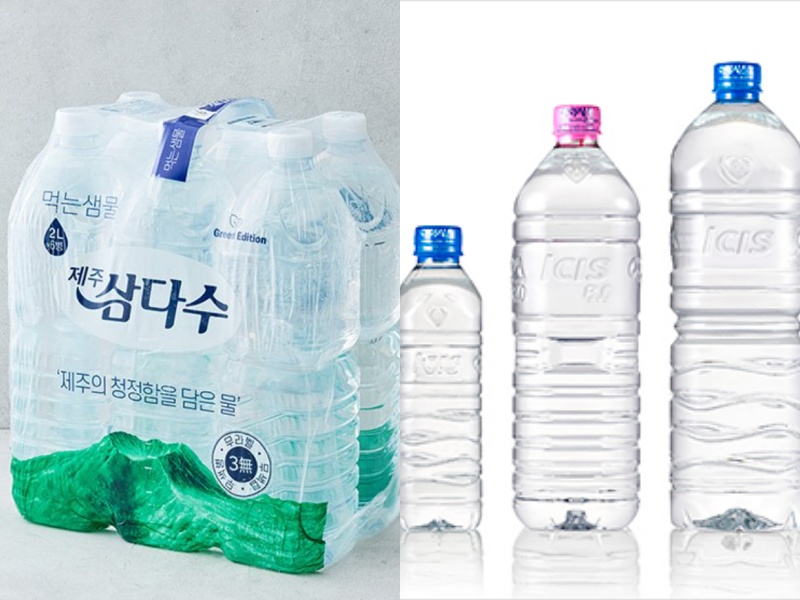 ▲(왼쪽부터) 무라벨 제품인 '제주삼다수 그린', '아이시스 에코' (사진제공=제주개발공사·롯데칠성음료)