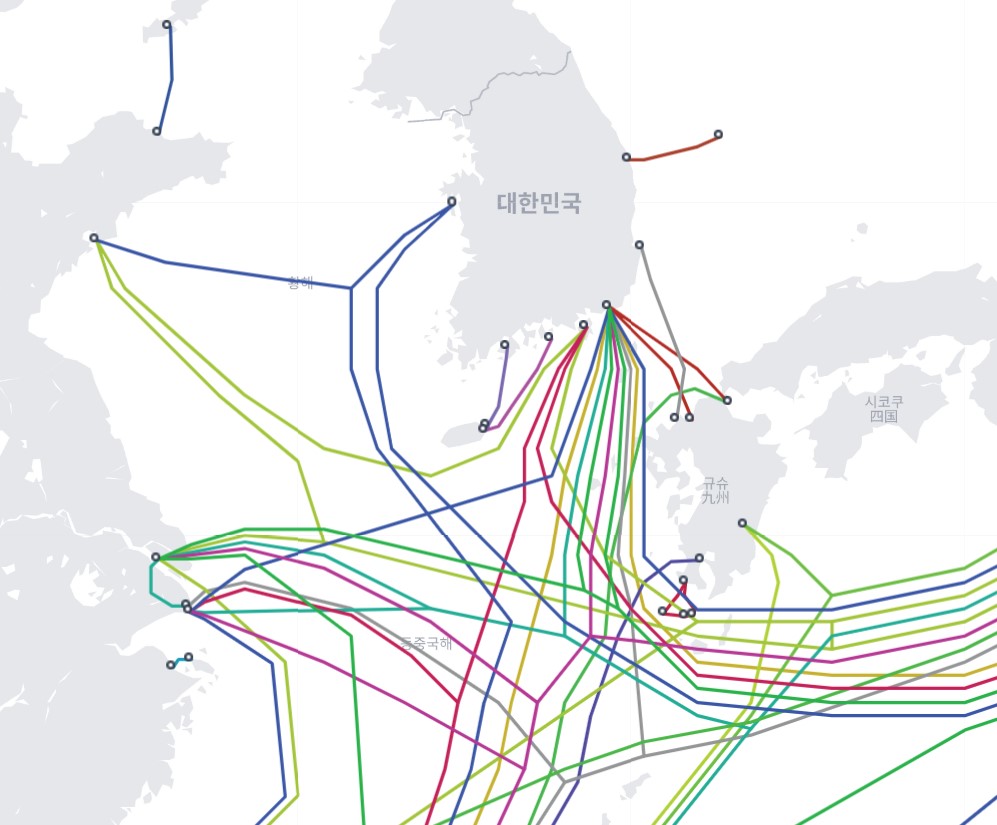 ▲한국 해저케이블 연결 현황.  (출처=텔레지오그래피 해저케이블 지도)