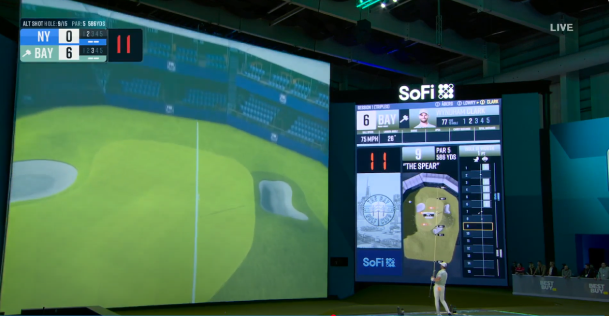 ▲TGL 경기 중 선수가 샷을 하고 화면을 보고 있다. (출처=TGL 유튜브 화면 캡처)