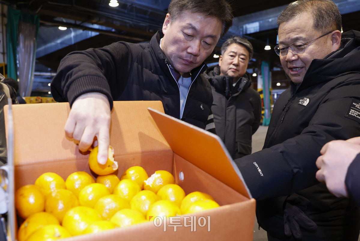 ▲박범수(왼쪽) 농림축산식품부 차관이 10일 농산물 수급상황 현장점검을 위해 서울 송파구 가락동 농수산물도매시장 과일 경매장을 찾아 과일 수급 점검을 하고 있다. 조현호 기자 hyunho@