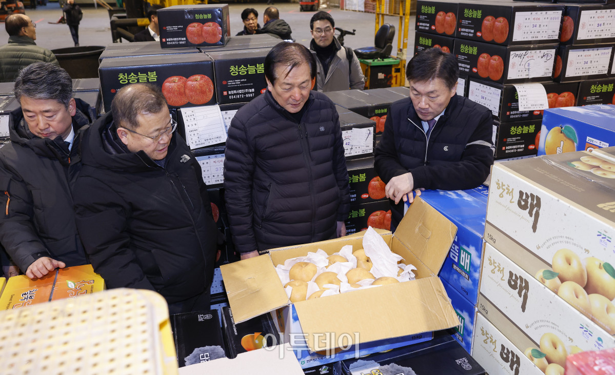 ▲박범수(오른쪽) 농림축산식품부 차관이 10일 농산물 수급상황 현장점검을 위해 서울 송파구 가락동 농수산물도매시장 과일 경매장을 찾아 과일 수급 점검을 하고 있다. 조현호 기자 hyunho@