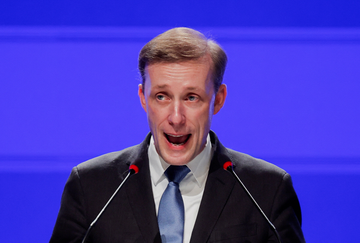 ▲제이크 설리번 미국 백악관 국가안보보좌관이 6일(현지시간) 인도 뉴델리에서 연설을 하고 있다. 로이터연합뉴스