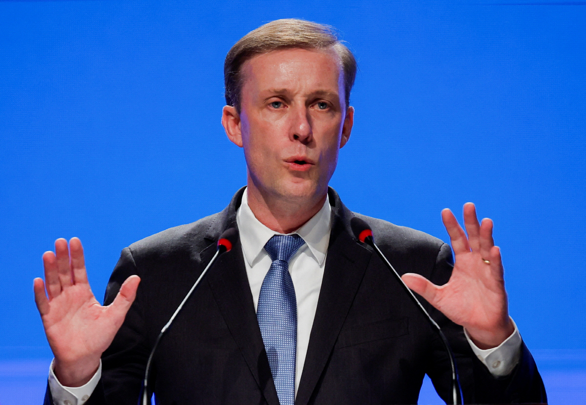 ▲제이크 설리번 백악관 국가안보보좌관이 6일(현지시간) 연설하고 있다. 뉴델리/로이터연합뉴스