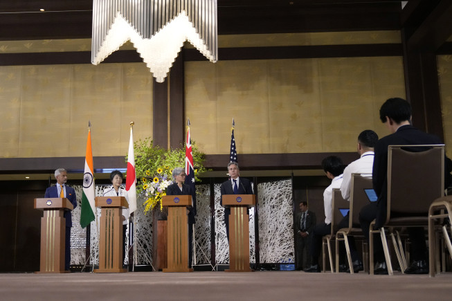 ▲지난해 7월 29일 일본 도쿄에서 토니 블링컨 미 국무부 장관과 가미카와 요코 일본 외무상, 페니 웡 호주 외무장관 그리고 수브라만얌 자이샨카르 인도 외무장관이 공동 기자회견을 하고 있다. 도쿄/AP뉴시스