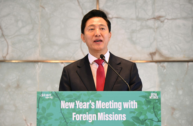 ▲오세훈 서울시장이 6일 서울 중구 더플라자호텔에서 열린 '주한대사 초청 신년 간담회'에서 환영사를 하고 있다. 2025.1.6 [서울시 제공. 재판매 및 DB 금지]  (연합뉴스)