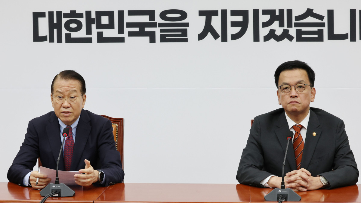 ▲국민의힘 권영세 비상대책위원장이 13일 서울 여의도 국회에서 최상목 대통령 권한대행 부총리 겸 기획재정부 장관을 접견하고 발언하고 있다. 국회사진취재단