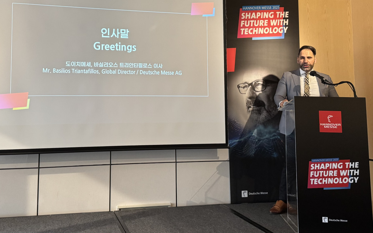 ▲바실리오 트리안타필로스(Basilios Triantafillos) 도이치메세 글로벌 이사가 14일 서울 포시즌스 호텔에서 열린 기자간담회에서 발언하고 있다. (이동욱 기자 toto@)