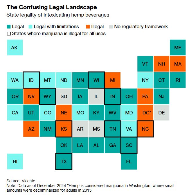 ▲미국 50개주 대마 성분 음료 합법 현황. 블룸버그