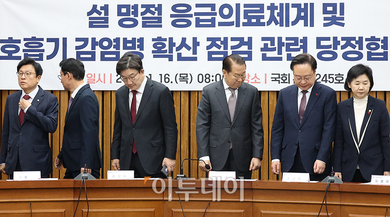 ▲16일 서울 여의도 국회에서 열린 설 명절 응급의료체계 및 호흡기 감염병 확산 점검 관련 당정협의회에서 참석자들이 기념촬영을 마치고 자리로 향하고 있다. 왼쪽부터 박형수 국민의힘 원내수석부대표, 김상훈 정책위의장, 권성동 원내대표, 권영세 비대위원장, 조규홍 보건복지부 장관, 지영미 질병관리청장. 고이란 기자 photoeran@