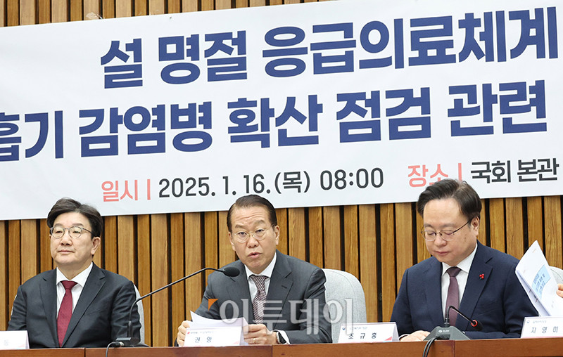 ▲권영세 국민의힘 비상대책위원장이 16일 서울 여의도 국회에서 열린 설 명절 응급의료체계 및 호흡기 감염병 확산 점검 관련 당정협의회에서 모두발언을 하고 있다. 왼쪽부터 권성동 원내대표, 권 비대위원장, 조규홍 보건복지부 장관. 고이란 기자 photoeran@