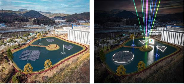 ▲한국기계전기전자시험연구원가 곡성청사에 설치한 ICT/관광 연계형 수질정화 수상태양광 발전소 주/야간 조감도 (사진제공=한국기계전기전자시험연구원)