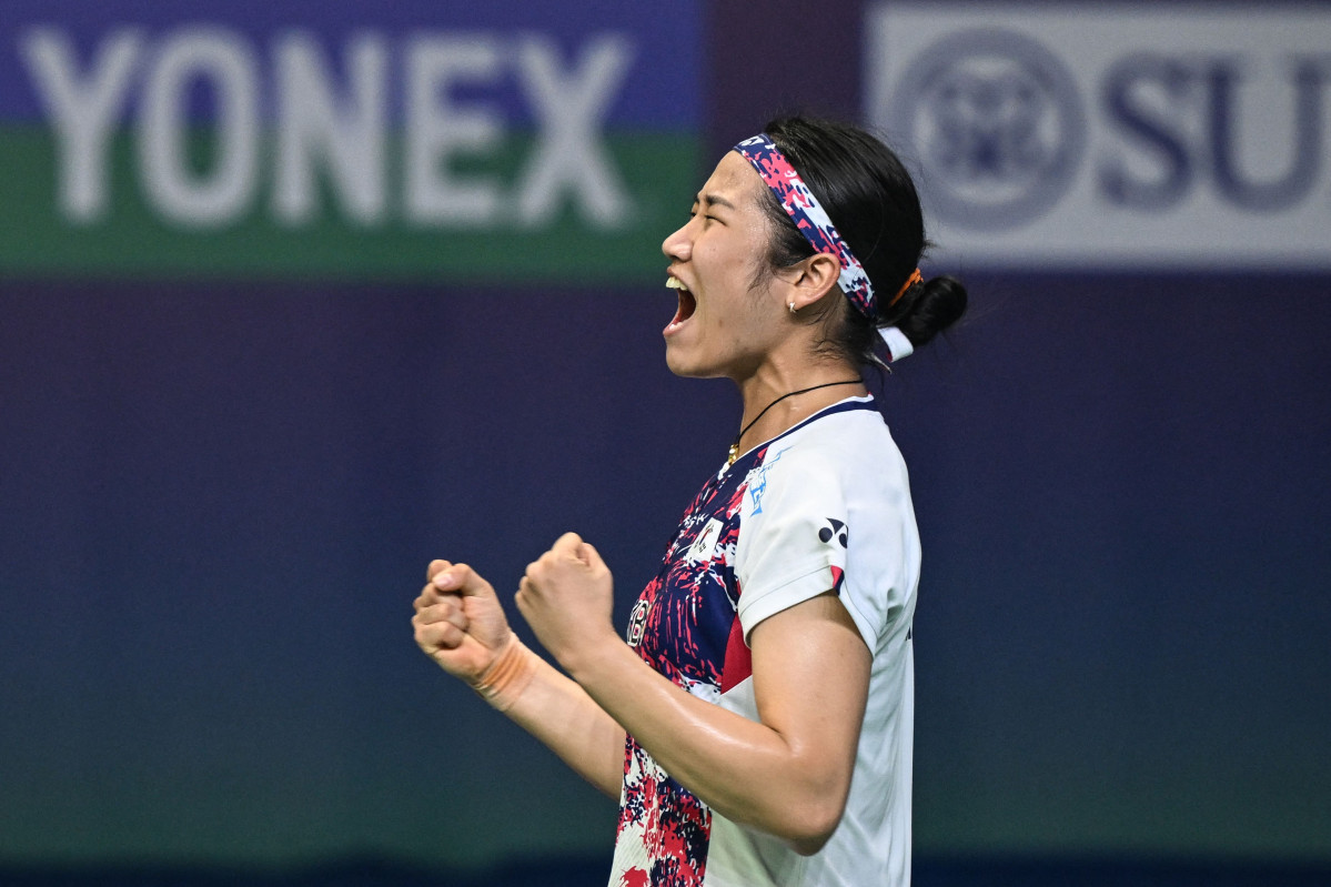 ▲안세영이19일 인도 뉴델리에서 열린 세계배드민턴연맹(BWF) 월드투어 슈퍼 750 인도오픈 여자 단식 결승전에서 포른파위 초추웡(태국·세계 12위)을 2-0(21-12 21-9)으로 꺾고 포효하고 있다. (AFP/연합뉴스)