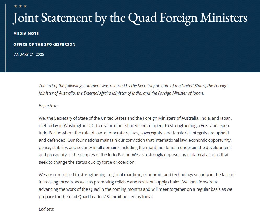 ▲21일(현지시간) 공개된 쿼드 외무장관 공동성명. 출처 미국 국무부 홈페이지