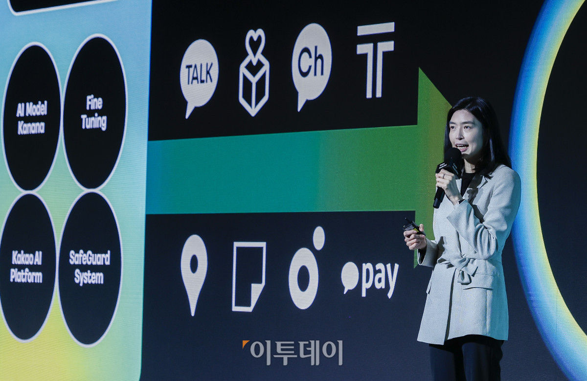 ▲정신아 카카오 대표이사가 4일 서울 중구 더플라자호텔에서 열린 카카오 기자간담회에서 발표하고 있다. 조현호 기자 hyunho@
