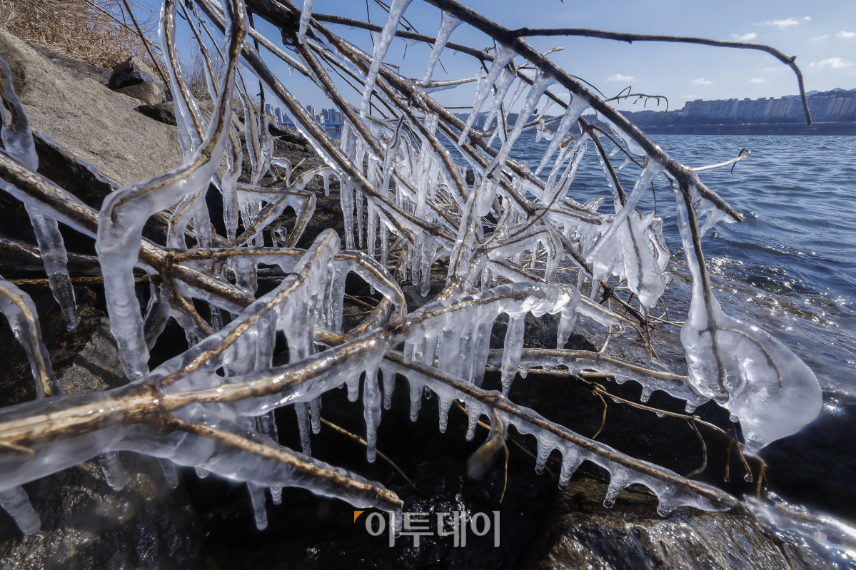 ▲서울에 올해 첫 한파경보가 발효된 4일 서울 용산구 이촌한강공원 강변에 얼음이 얼어 있다. 조현호 기자 hyunho@