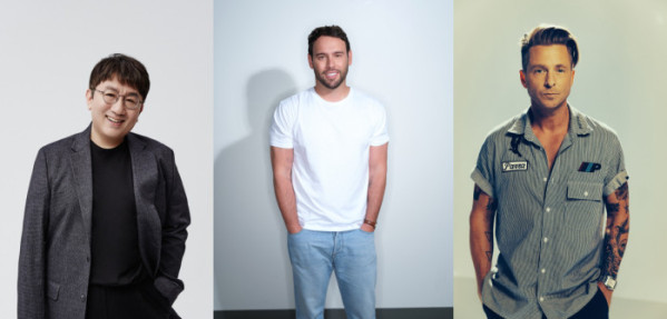 ▲방시혁 하이브 의장(왼쪽부터), 스쿠터 브라운 하이브 아메리카 CEO, 라이언 테더(사진제공=하이브)