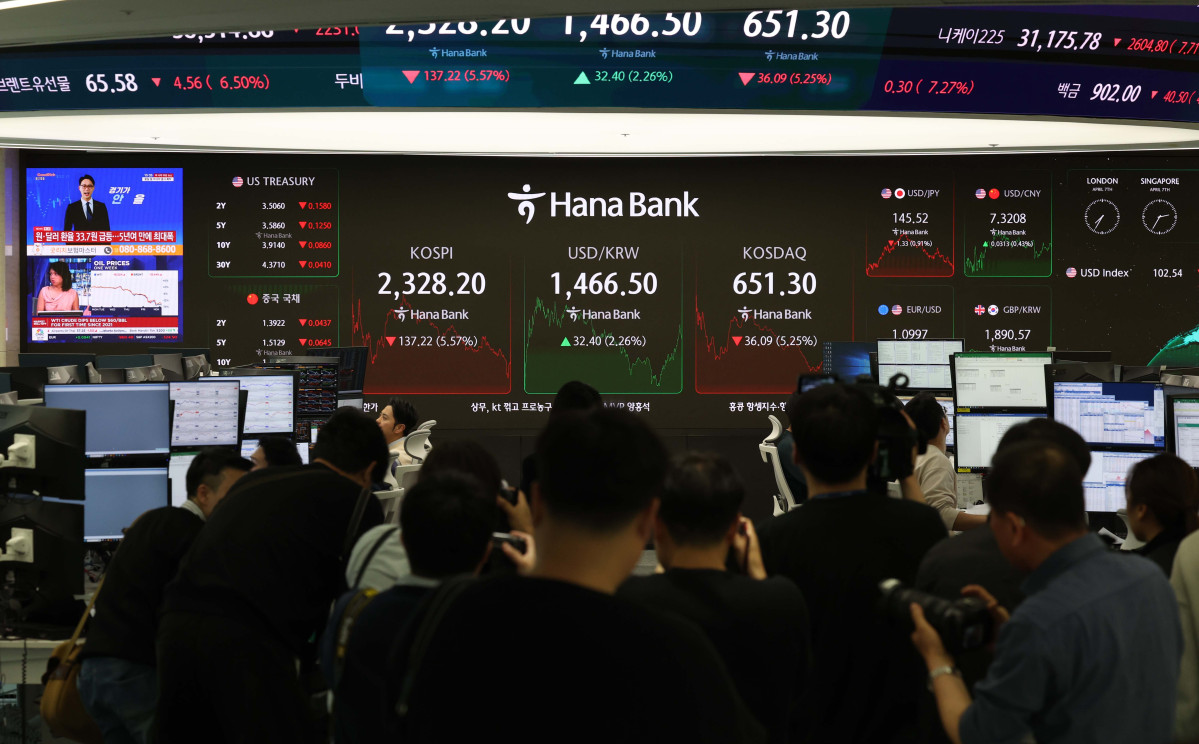 ▲코스피가 미국의 상호관세 여파로 충격에 휩싸이며 5% 넘게 폭락했다. 7일 서울 중구 하나은행 딜링룸 모니터에 코스피 종가가 표시되고 있다. 이날 코스피는 전 거래일 대비 137.22포인트(5.57%) 내린 2328.20에 거래를 마쳤다. 지수는 106.17포인트(4.31%) 내린 2359.25로 장을 시작한 뒤 4~5%대 급락세를 이어갔다. 코스닥 지수도 전장보다 36.09포인트(5.25%) 내린 651.30으로 거래를 마감했다. 시장에서는 미국발 무역 충돌 우려가 직접적인 원인으로 지목됐다. 한편 서울 외환시장에서 원·달러 환율은 전 거래일 대비 33.7원 오른 1467.80원에 장을 마쳤다. 코로나19 이후 5년여 만에 최대폭 상승이다. 신태현 기자 holjjak@