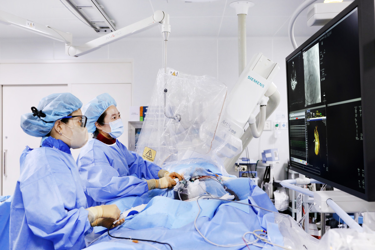 ▲심장혈관센터 황유미 교수가 심방세동 환자에게 펄스장 절제술을 시행, 첫 시술을 성공적으로 마쳤다. (가톨릭대학교성빈센트병원)