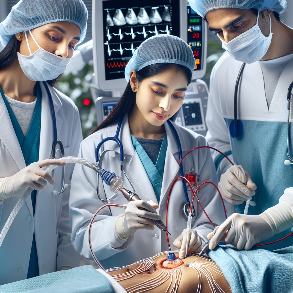 ▲AI가 최첨단 심혈관 센터에서 심방 세동 치료를 위해 의사가 펄스 필드 절제 (PFA)를 하는 모습을 만든 이미지. (김재학 기자·오픈AI 달리)