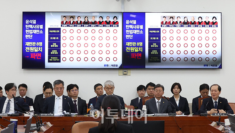 ▲9일 서울 여의도 국회에서 열린 법제사법위원회 전체회의가 열리고 있다. 앞줄 오른쪽부터 이완규 법제처장,  김정원 헌법재판소 사무처장, 천대엽 법원행정처장, 김석우 법무부 장관 직무대행, 오둥운 고위공직자범죄수사처장. 고이란 기자 photoeran@