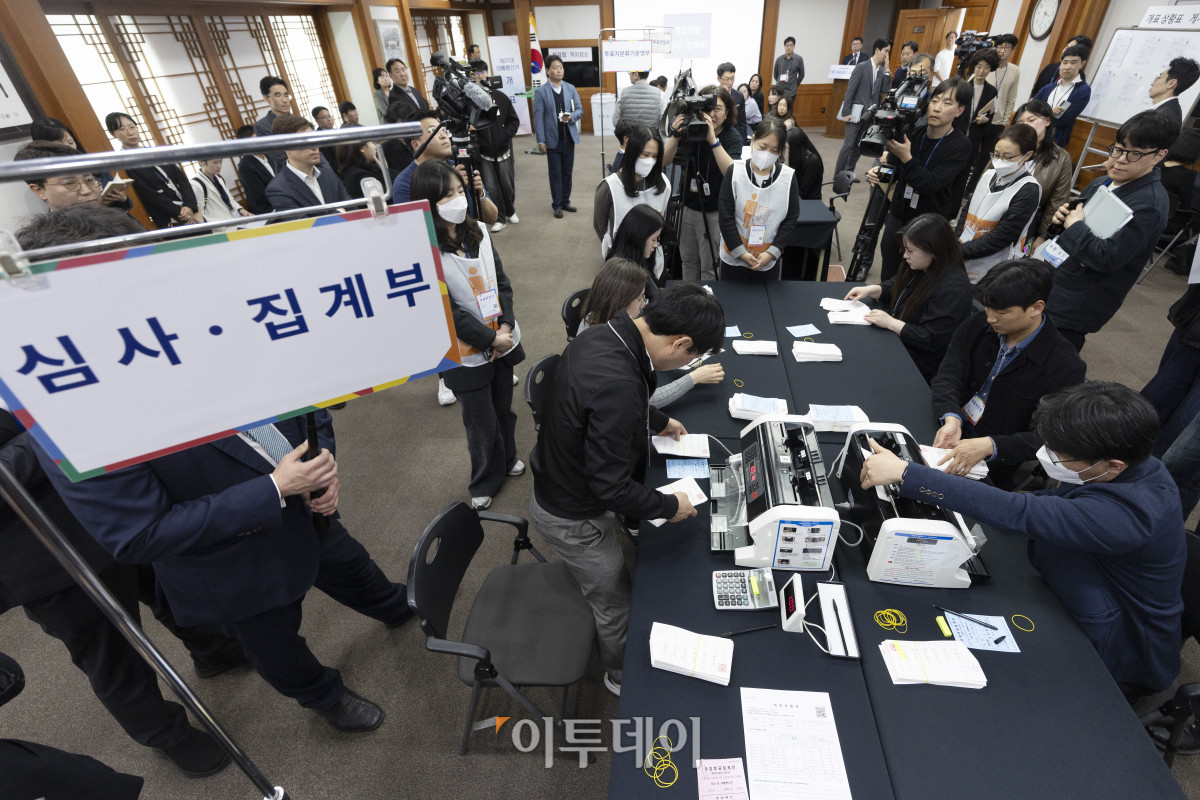 ▲10일 오후 경기도 과천시 중앙선거관리위원회에서 열린 제21대 대통령 선거 투·개표 절차 시연회에서 투표지 심사계수기로 개표 시연을 하고 있다. 조현호 기자 hyunho@