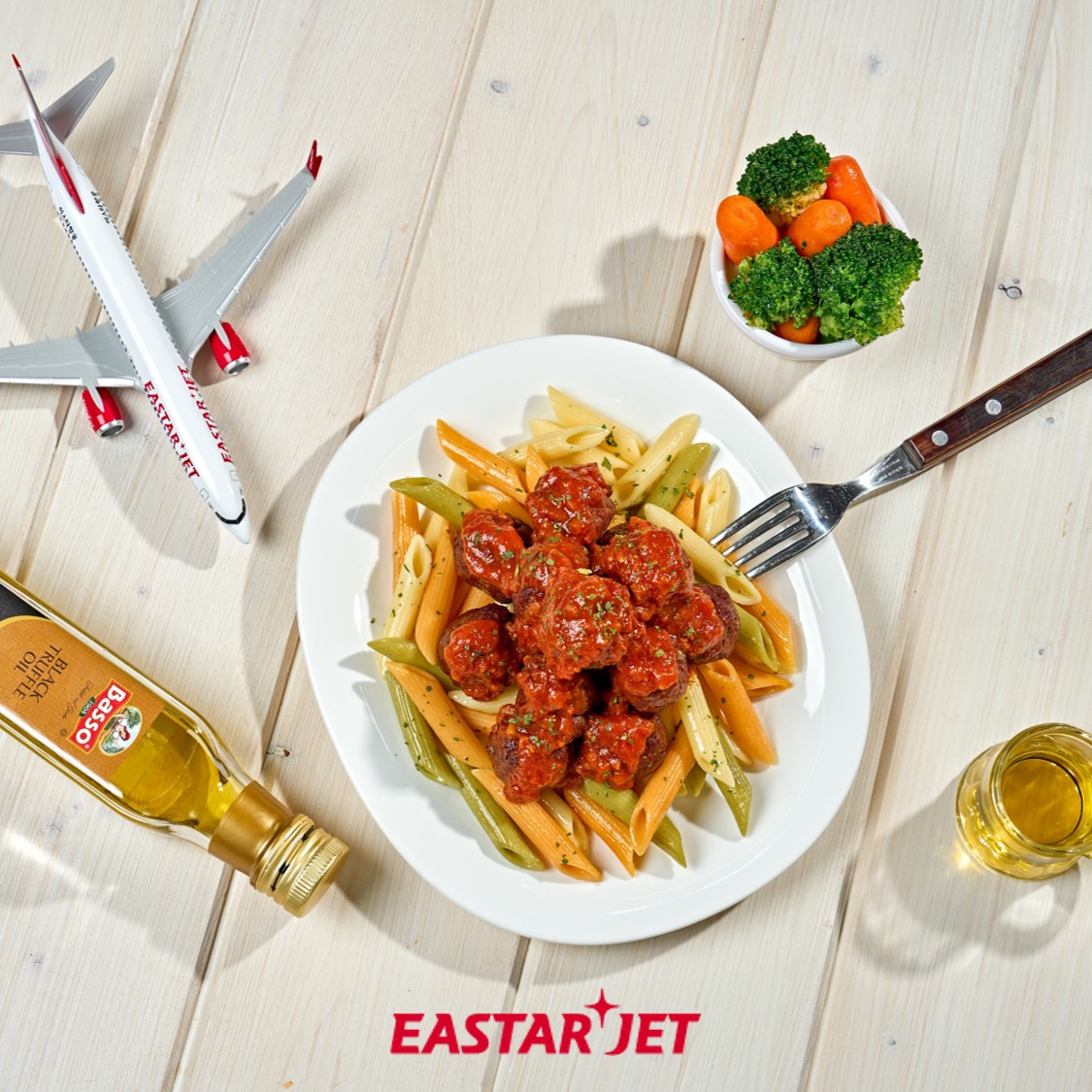 ▲이스타항공이 채식주의자 고객들을 위해 선보인 대체육을 사용한 '라구미트볼 팬네파스타'. (사진=이스타항공)