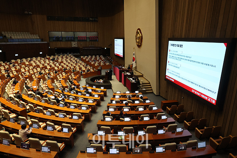 ▲14일 서울 여의도 국회 본회의에서 열린 정치·외교·통일·안보 분야 대정부질문에서 김기웅 국민의힘 의원이 이재명 전 더불어민주당 대표 발언 관련해 김선호 국방부 차관에게 질의하고 있다. 고이란 기자 photoeran@