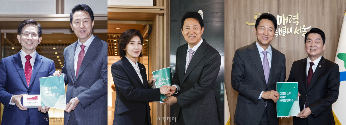 ▲16일 서울시청을 방문해 오세훈 서울시장을 만난 김문수 전 고용노동부 장관(왼쪽), 나경원 국민의힘 의원(가운데), 안철수 국민의힘 의원(오른쪽). (조현호 기자 hyunho@, 안철수 캠프)