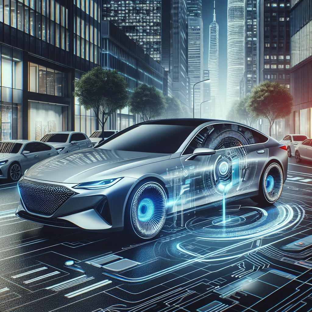 ▲자동차 옵션의 중요성이 강조된 가운데, 미래적인 도심에서 고급 전기 자동차가 첨단 기술과 연결성을 보여주며 주행하고 있다. (사진=오픈AI 달리)