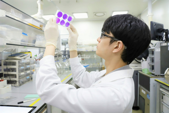 ▲SK바이오사이언스 연구원이 조류독감 백신 후보물질에 대한 분석 실험중이다. (사진제공=SK바이오사이언스)