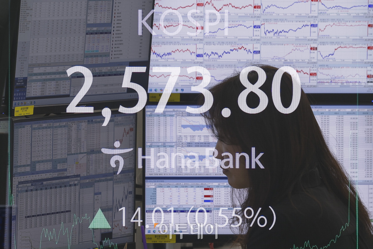 ▲코스피가 미중 무역협상 기대감에 2570선으로 상승 마감한 7일 서울 중구 하나은행 딜링룸 전광판에 코스피, 원·달러 환율이 표시돼 있다. 이날 코스피 지수는 전 거래일보다 14.01(0.55%) 포인트 상승한 2573.80을 나타냈다. (다중노출 촬영) 조현호 기자 hyunho@