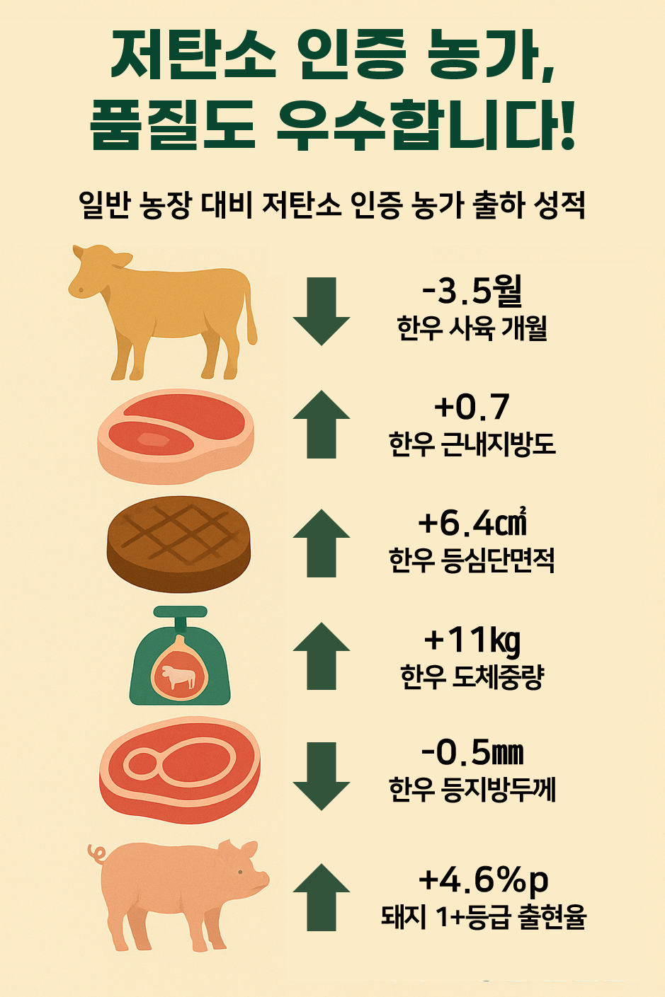 ▲저탄소 인증 농가 출하 성적표 인포그래픽. (축산물품질평가원)