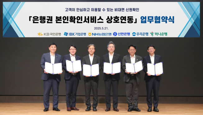 ▲지난 21일 우리은행 본점에서 6개 시중은행이 모여 ‘인증서 본인확인 서비스’ 상호 연동을 위한 업무협약을 체결했다. (왼쪽부터) 국민은행 스타뱅킹영업본부 박형주 본부장, 기업은행 데이터본부 박필희 본부장, 농협은행 개인디지털플랫폼부 유일봉 부장, 신한은행 디지털솔루션본부 전성익 본부장, 우리은행 WON뱅킹사업본부 김규태 본부장직무대리, 하나은행 디지털채널본부 엄태성 본부장이 기념사진을 촬영하고 있다. (우리은행 )