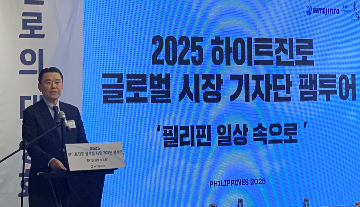 ▲김인규 하이트진로 대표이사가 18일(현지시간) 필리핀 마닐라 기자간담회에서 인사말을 하고 있다. (사진제공=하이트진로)