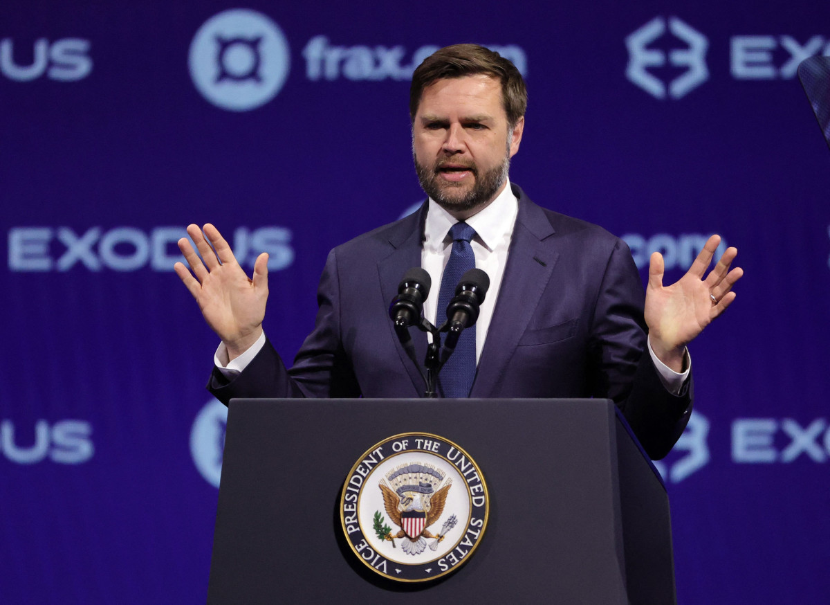 ▲J.D. 밴스 미국 부통령이 28일(현지시간) 라스베이거스에서 열린 ‘비트코인 2025 콘퍼런스’에서 기조연설을 하고 있다. 라스베이거스(미국)/AFP연합뉴스