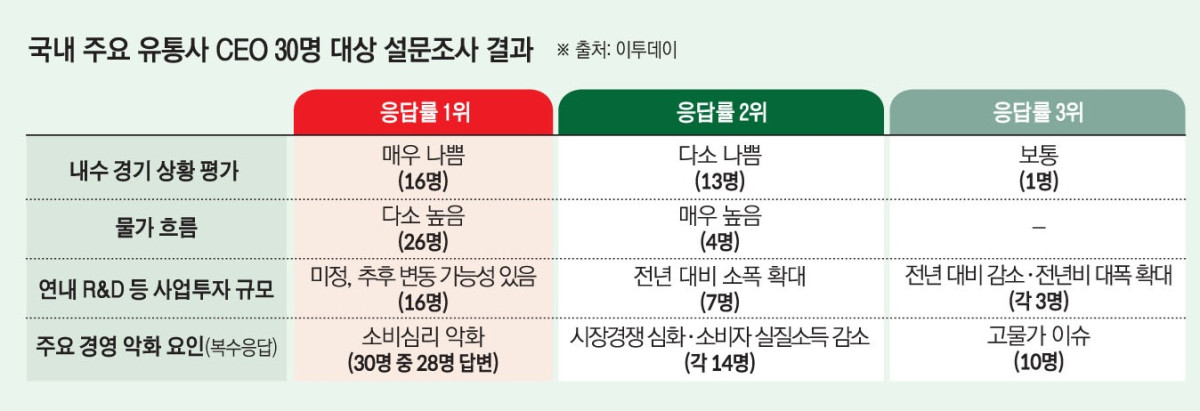 ▲국내 주요 유통사 CEO 30명 대상 설문조사 결과 (이투데이 그래픽팀=손미경 기자)