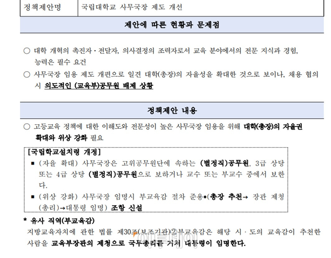 ▲국립대 사무국장 제도개선 (이재명 더불어민주당 대선 후보 직속 미래교육자치위원회)