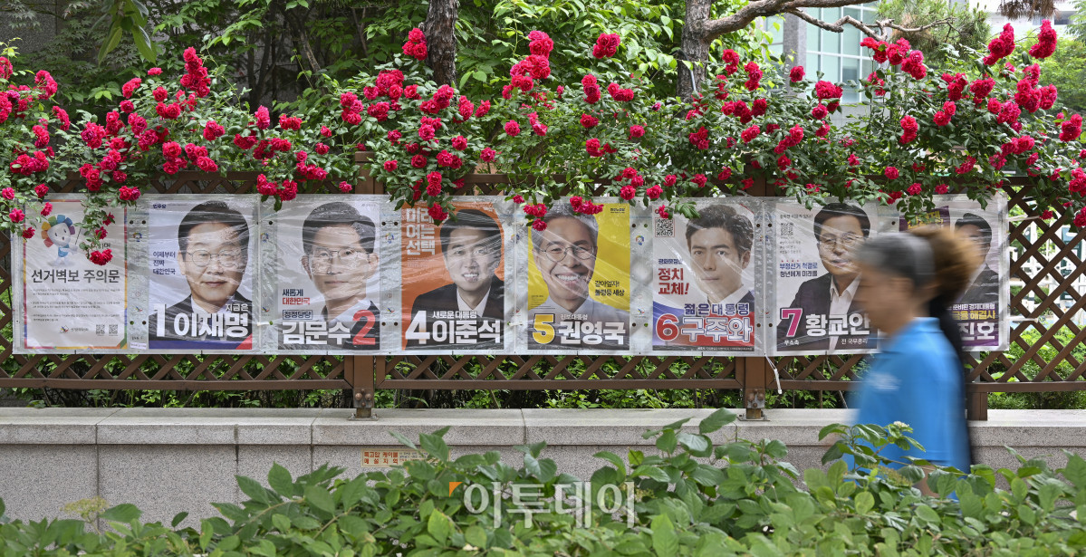 ▲제21대 대통령선거를 하루 앞둔 2일 서울 시내의 한 아파트 화단에 심어진 장미꽃 밑으로 대선 선거벽보가 게시돼 있다. 제21대 대선 본투표는 3일 오전 6시부터 오후 8시까지 전국 투표소 1만4295곳에서 치뤄진다. 한편 이날 이재명 더불어민주당 대선 후보와 김문수 국민의힘 대선 후보 모두 서울에서 마지막으로 유권자를 만난다. 이재명 후보는 여의도공원에서, 김문수 후보는 서울시청 앞 광장에서 피날레 유세를 펼칠 예정이다. 이준석 개혁신당 대선 후보는 대구 수성구 수성못 일대에서, 권영국 민주노동당 대선 후보는 종로구 보신각에서 유세를 마무리 한다. 조현호 기자 hyunho@