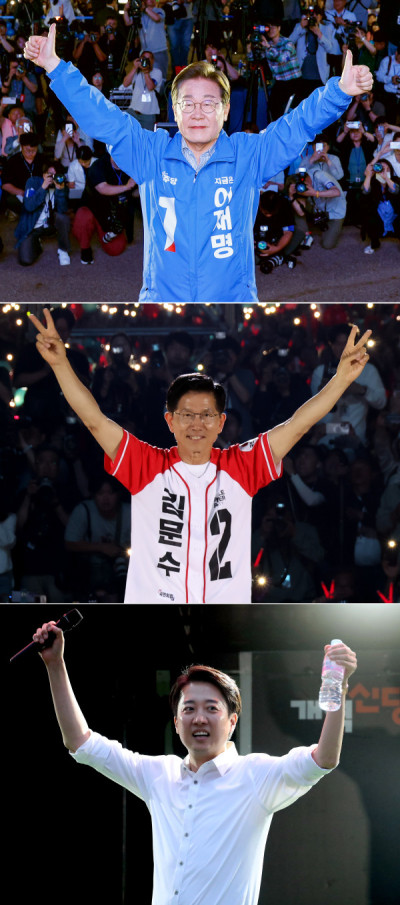 ▲제21대 대통령 선거 투표를 하루 앞둔 2일 더불어민주당 이재명 대선후보(사진 위쪽부터)가 서울 여의도공원에서 국민의힘 김문수 대선후보는 서울광장에서 개혁신당 이준석 대선후보는 대구 수성못 상화동산에서 마지막 유세를 펼치고 있다. 2025.6.2 [공동취재]   