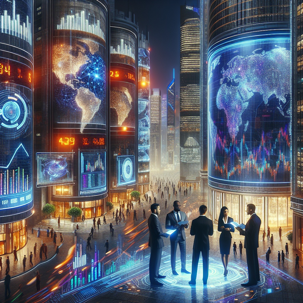 ▲혁신 성장기업의 해외 진출이 늘고 있는 가운데, 4일 서울 도심의 미래지향적 모습 속에서 시민들이 데이터 시각화와 디지털 정보를 활용해 논의하고 있다. (AI달리)