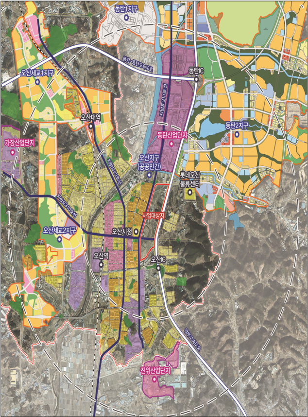 ▲오산시와 그 주변의 산업단지, 교통, 주요 지구, 공공시설 등이 지도에 색상으로 구분되어 나타나 있다. (경기도)