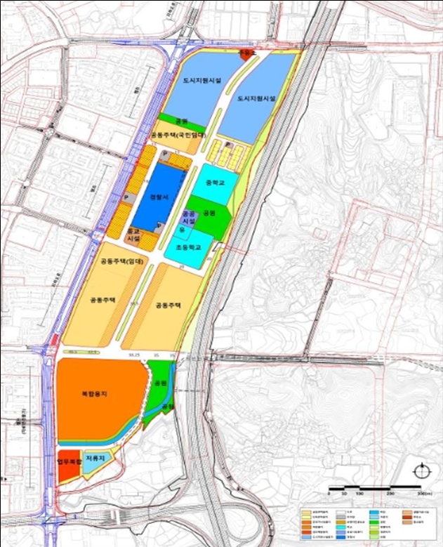 ▲오산 운암뜰 AI시티 도시개발사업 부지의 주거, 상업, 교육, 공원 등 용도별 토지 이용 계획도가 도로망과 함께 표시되어 있다. (경기도)
