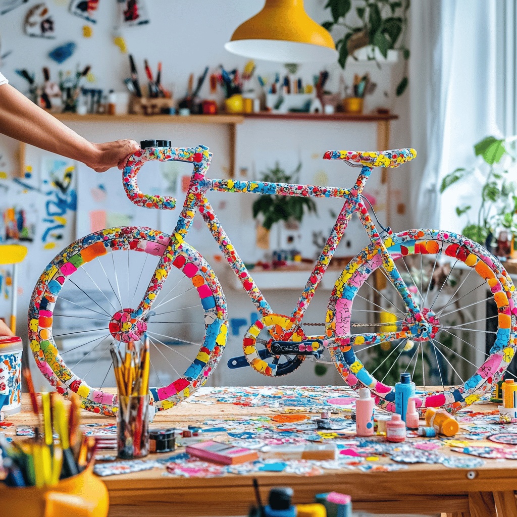 ▲자전거 꾸미기 트렌드가 확산되는 가운데, 6일 한 예술 작업실에서 다양한 색상과 무늬로 창의적으로 장식된 자전거가 작업대 위에 전시되어 있다. (출처=미드저니)