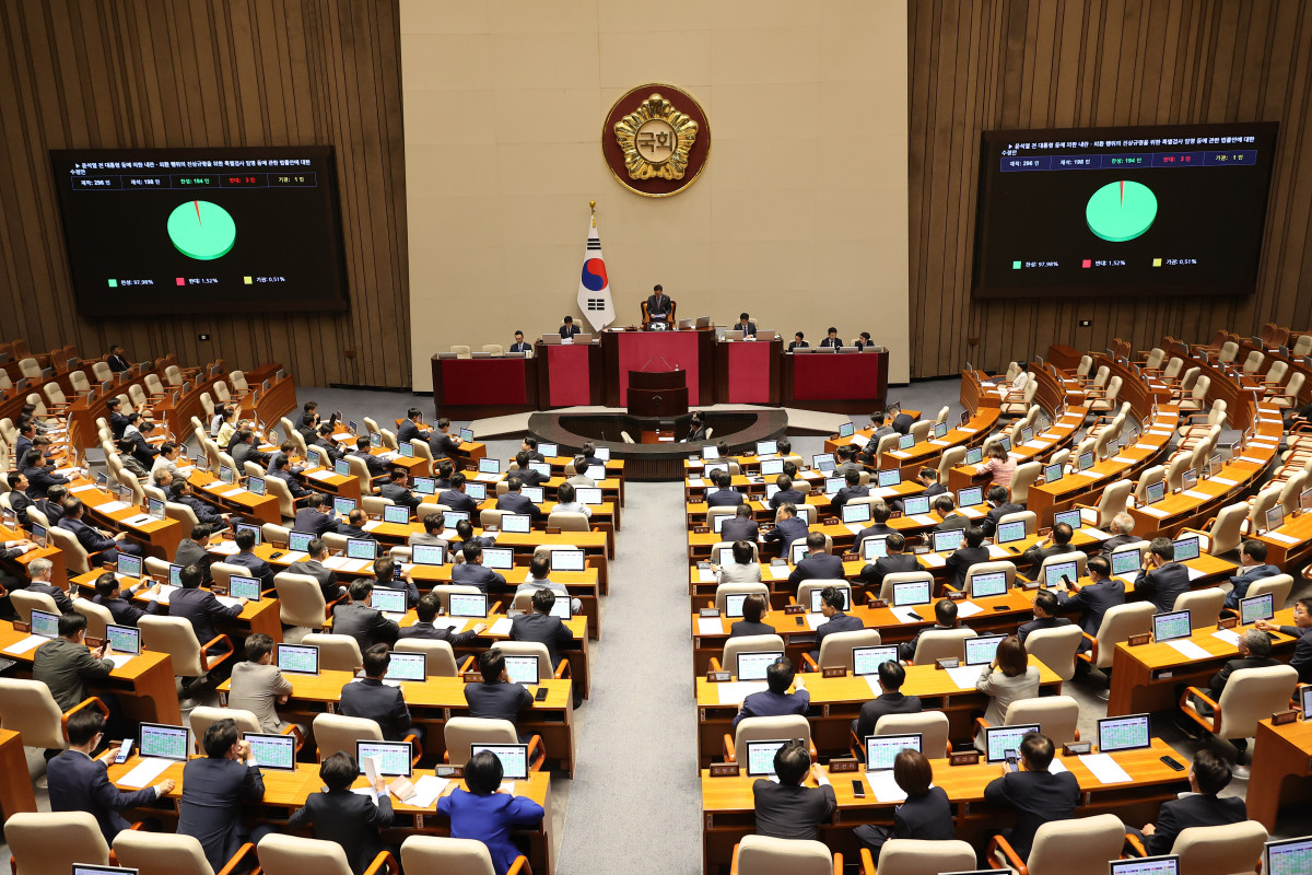 ▲5일 국회 본회의에서 내란 특검법이 통과되고 있다. 2025.6.5 (연합뉴스)