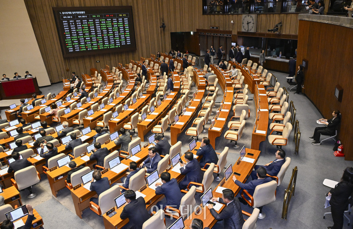 ▲5일 서울 여의도 국회에서 열린 본회의에서 국민의힘 다수 의원이 퇴장한 가운데 검사징계법 일부개정법률안이 통과되고 있다. 조현호 기자 hyunho@