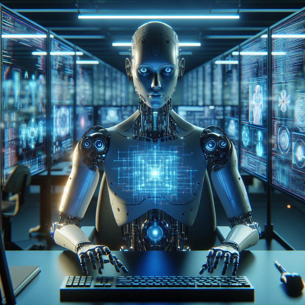 ▲AI가 코드를 설계·구현하는 시대를 상징하듯 첨단 기술이 적용된 로봇이 디지털 데이터 인터페이스가 있는 컴퓨터 앞에 앉아 있는 미래적 환경이 5일 관련 보도와 함께 연출되고 있다. (오픈AI '달리'·이은주 기자 letswin@)