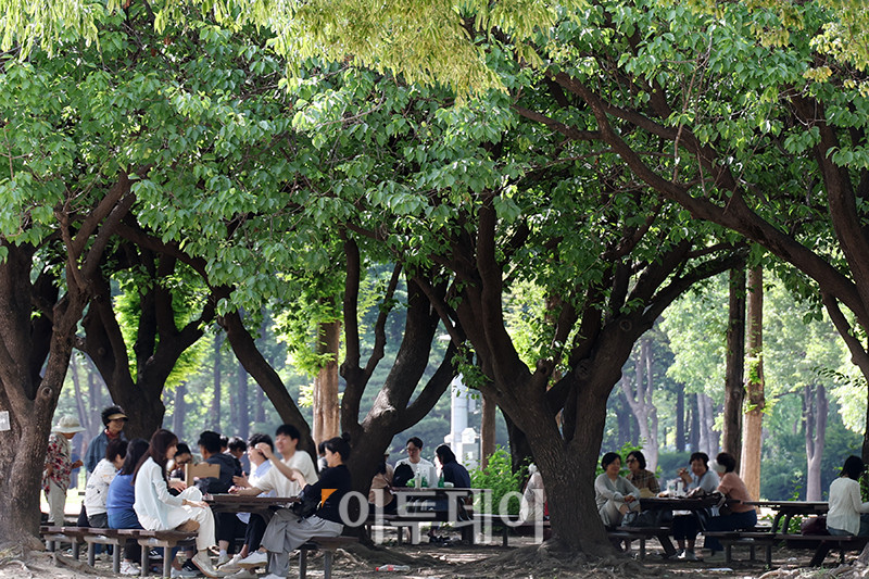 ▲서울 낮 최고 기온이 27도까지 오르며 초여름 날씨를 보인 5일 서울 성동구 서울숲에서 시민들이 더위를 피하고 있다. 고이란 기자 photoeran@