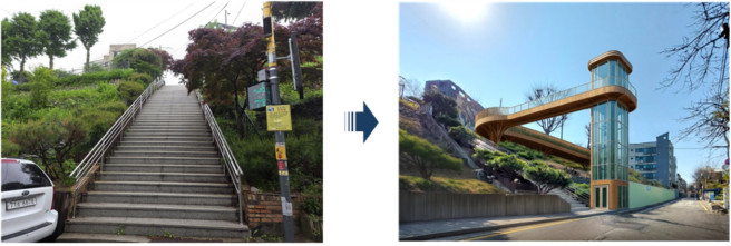 ▲관악구 봉천동(비안어린이공원 인근) 고지대 엘리베이터 설치 전·후 이미지 (사진제공=서울시)